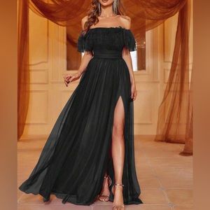 Luxe off shoulder mesh party formal gown dress